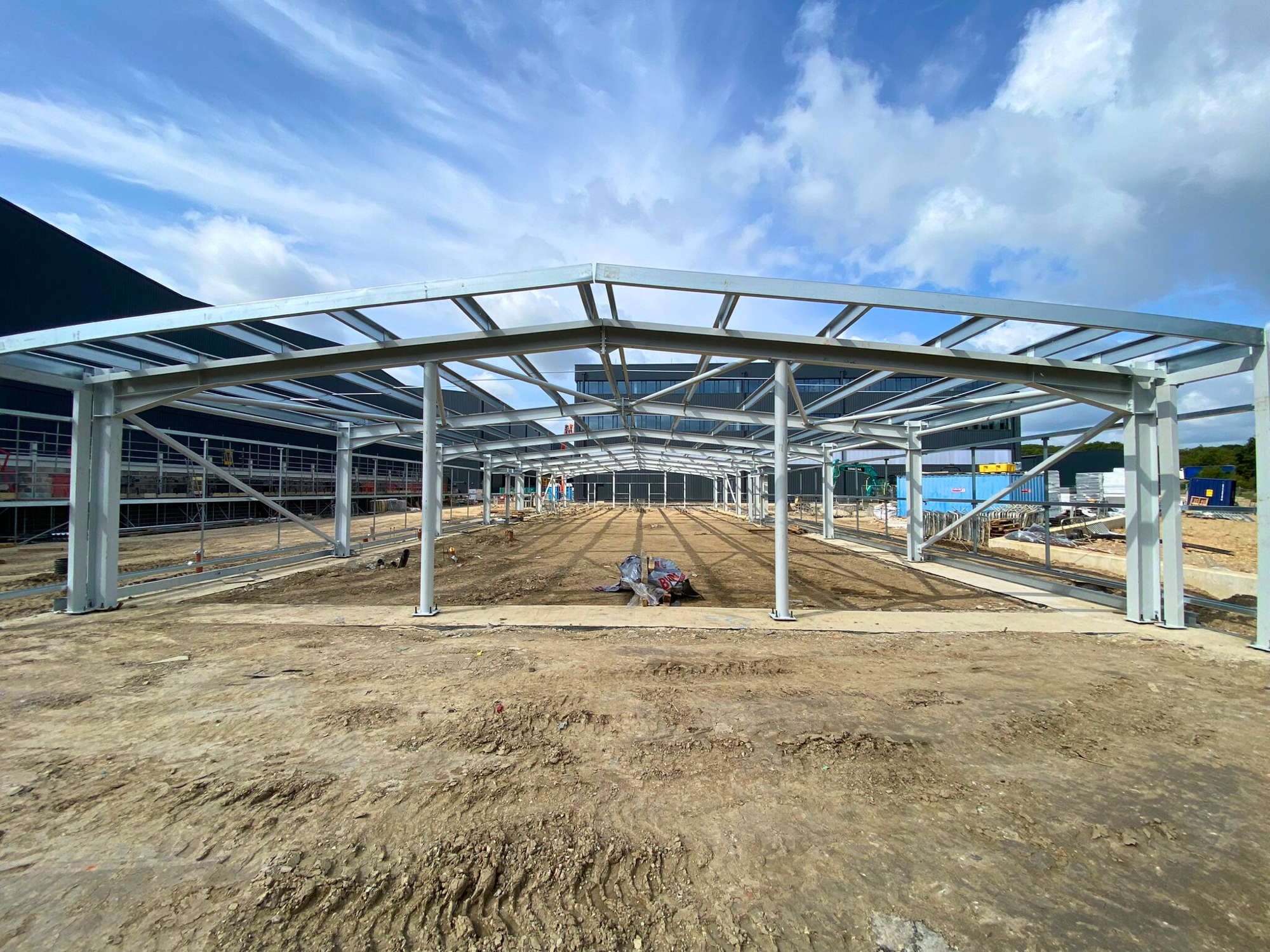 Film studio sound stage under construction — steel framework at Lagonda Studios development